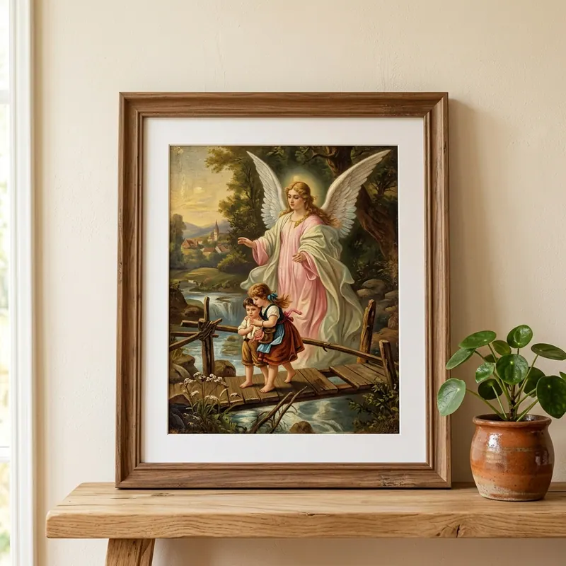 Cuadro de Ángel de la Guarda con marco de madera