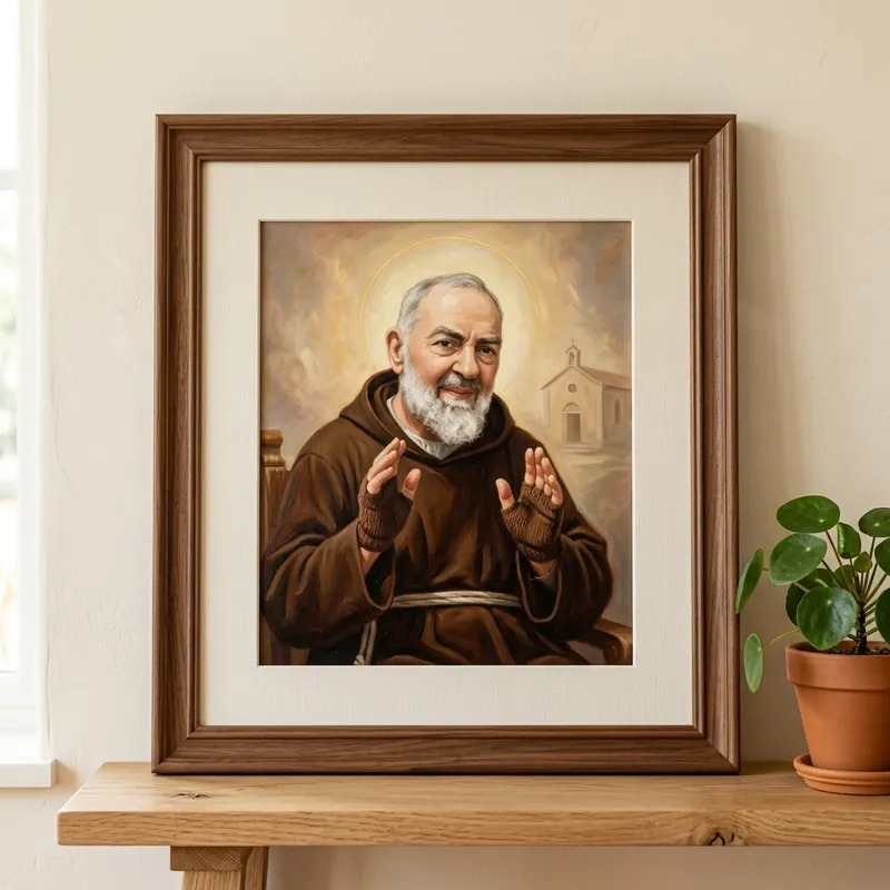Cuadro de Padre Pío con marco de madera