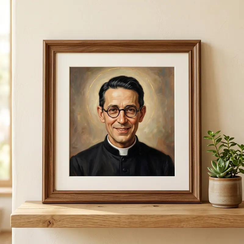 Cuadro de San Alberto Hurtado con marco de madera