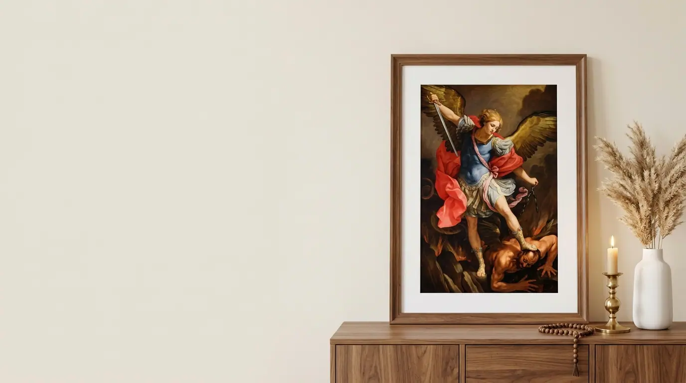 Cuadro de San Miguel Arcángel con marco de madera sobre un aparador con una vela